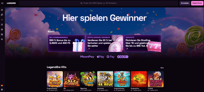 Lussurio Screenshot mit der Startseite.