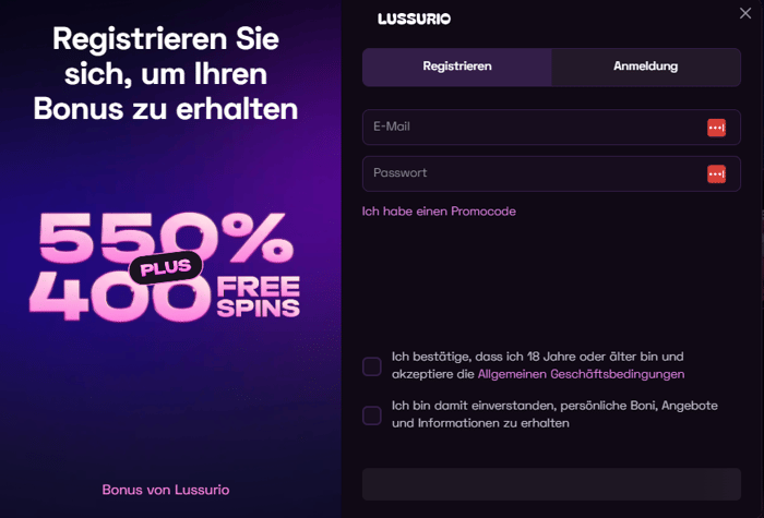 Lussurio Screenshot mit der Anmeldeseite.