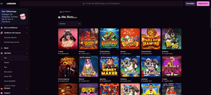 Lussurio Screenshot mit der Auswahl der Slots des Casinos.