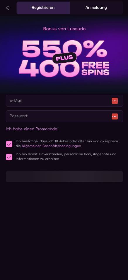 Anmeldeformular im Lussurio Casino