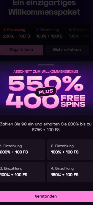 Lussurio Screenshot mit dem 10 EUro Bonus.