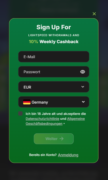 Anmeldeformular im Fast Pay Casino