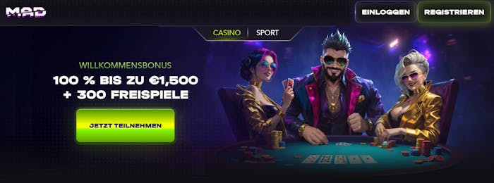 Startseite im Madcasino zeigt Willkommensbonus
