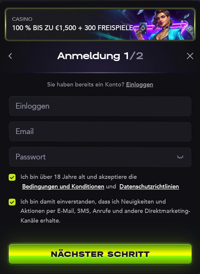 Anmeldeformular im Madcasino