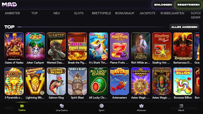 Spiellobby im Madcasino zeigt top Spiele wie Sizzling Hot neben anderen Spielkategorien