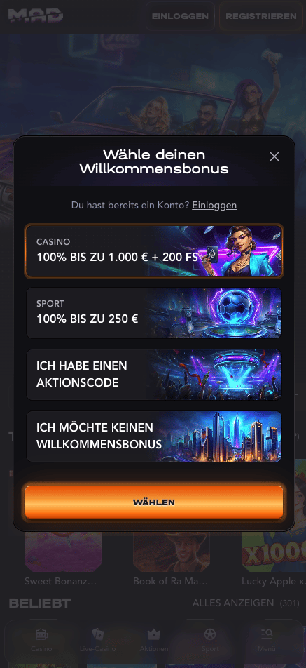 Anmeldeformular im Madcasino