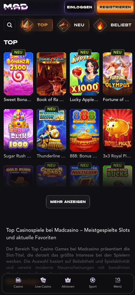 MadCasino Spiellobby zeigt Spiele wie Sweet Bonanza 2500 neben anderen Spielkategorieneigt Spiele wie 