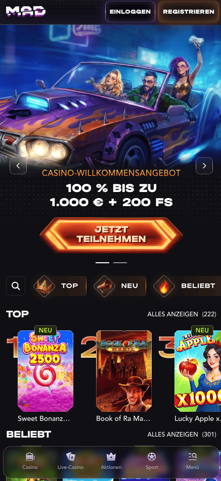 Startseite im Madcasino zeigt Willkommensbonus