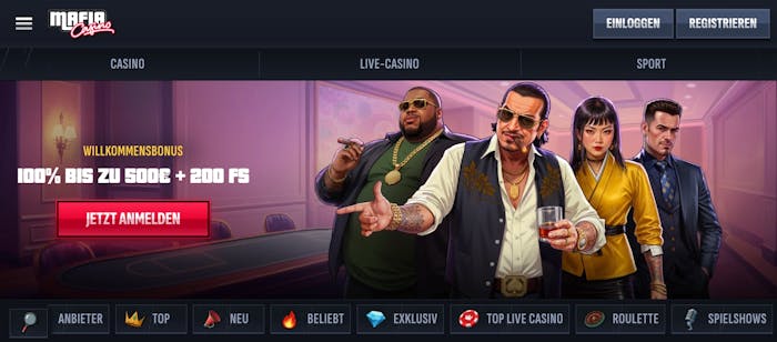 Startseite im Mafia Casino zeigt Willkommensbonus neben Spielkategorien