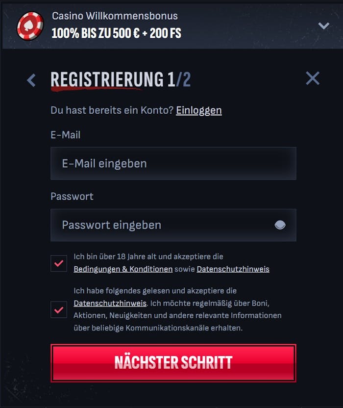 Anmeldeformular im Mafia Casino