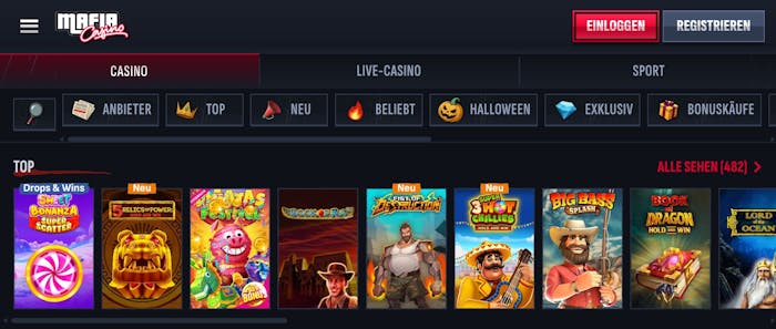 Spiellobby im Mafia Casino zeigt top Spiele wie Big Bass Bonanza neben anderen Spielkategorien 
