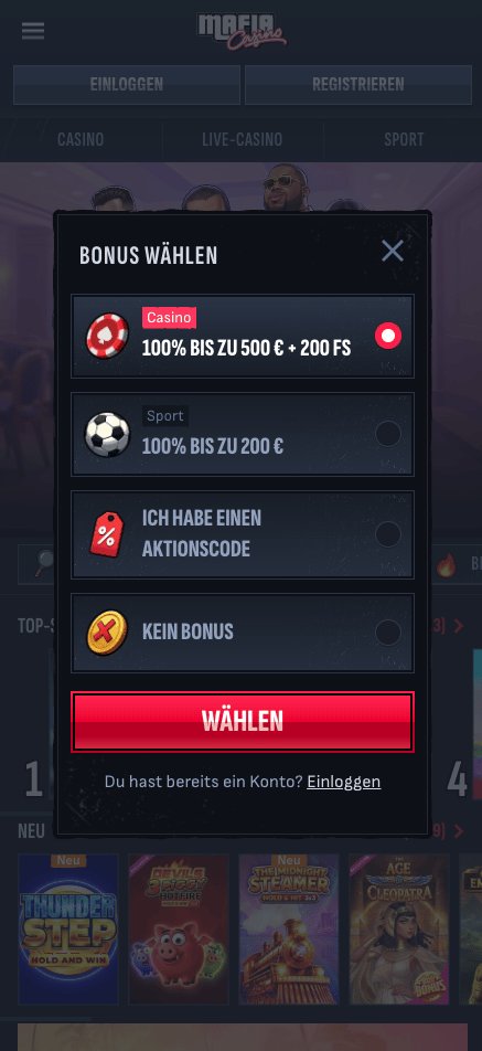 Anmeldeformular im Mafia Casino