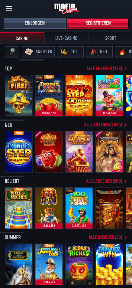 Spiellobby im Mafia Casino zeigt top Spiele wie Fire! neben anderen Spielkategorien