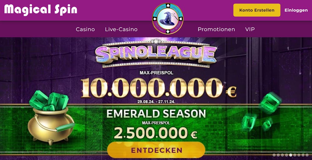 Die Magical Spin Casino Startseite zeigt, dass ein maximaler Preispool von 10 Millionen Euro in der Spinoleague verfügbar sind.