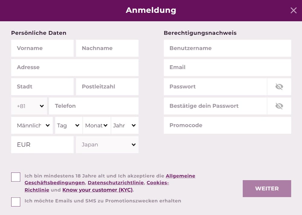 Registrierungsformular im Magical Spin Casino