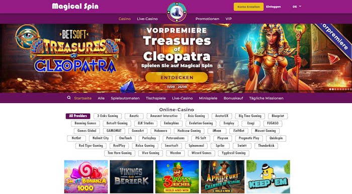 Die Spiellobby im Magical Spin Casino zeigt beliebte Slots wie Sweet Bonanza 1000 sowie Anbieterfilter und andere Casinobereiche.