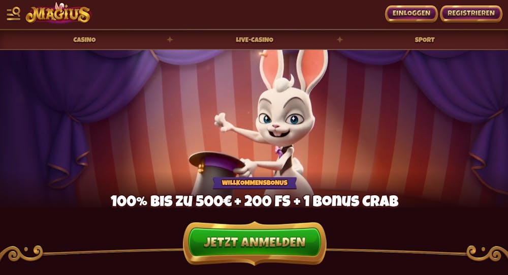 Die Homepage von Magius Casino mit einem zaubernden Kaninchen im Hintergrund, darunter eine Beschreibung überr den Willkommensbonus von 100 % bis zu 500 € + 200 Freispielen