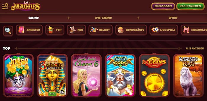 Die Spielauswahl bei Magius Casino, mit Titeln wie Cash of Gods und Majestic King