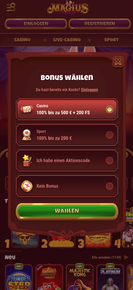 Das Registrierungsformular im Magius Casino