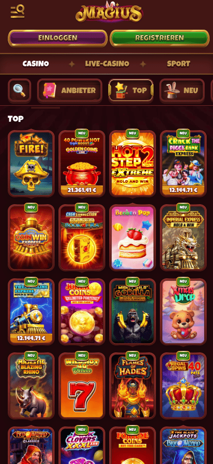 Spielloby im Magius Casino zeigt Spiele wie Fire! neben anderen Spielkategorien