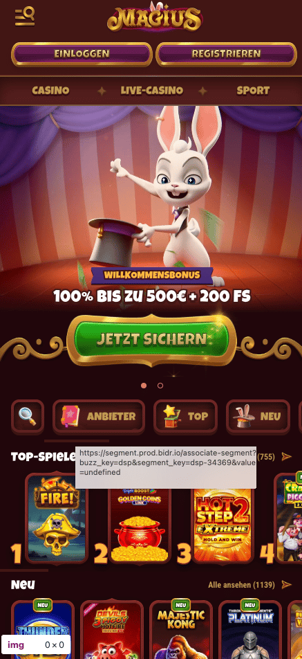 Startseite im Magius Casino zeigt Willkommensbonus und top Spiele