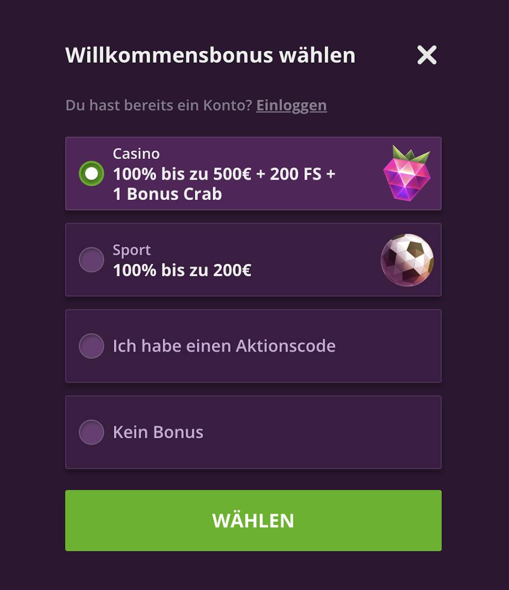 Malina Casino Registrierungsformular mit Auswahl von Casino Bonus, Sportbonus, Aktionscode oder keinem Bonus