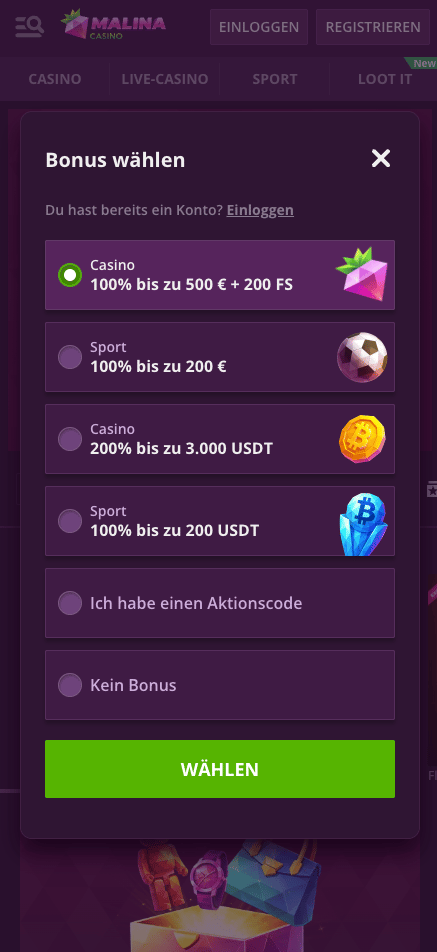 Anmeldeformular im Malina Casino