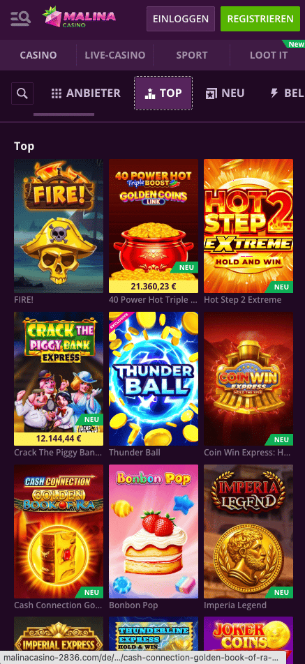Malina Casino Slotsauswahl