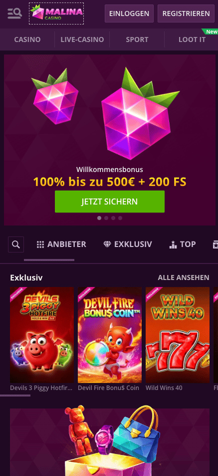 Starteite im Malina Casino zeigt Willkommensbonus und exklusive Spiele
