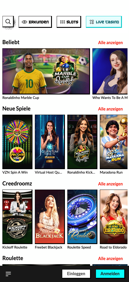 Manga Casino Spiellobby zeigt Spiele wie Kickoff Roulette neben anderen Spielkategorien
