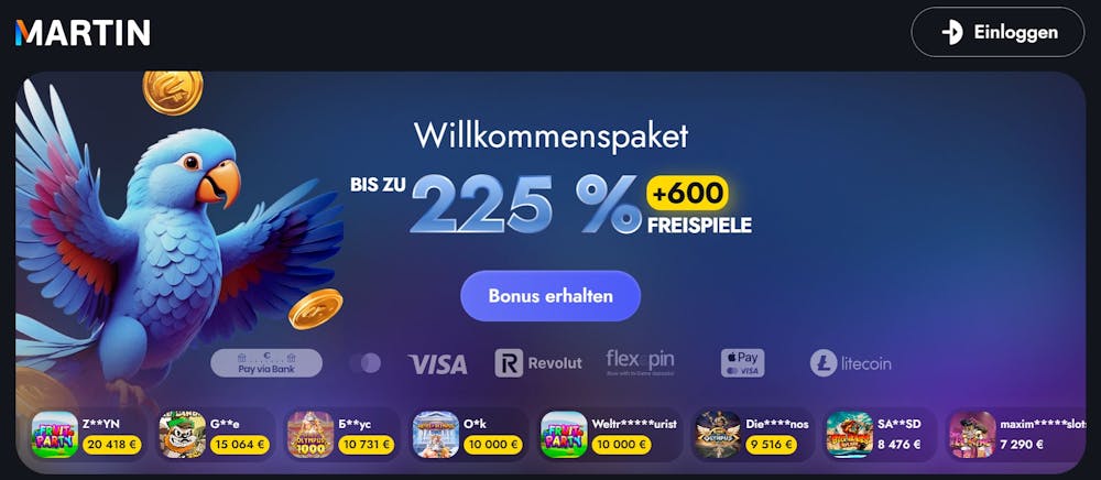 Martin Casino Screenshot mit dem Willkommenangebot bis 225 % und mit 600 Freispielen.