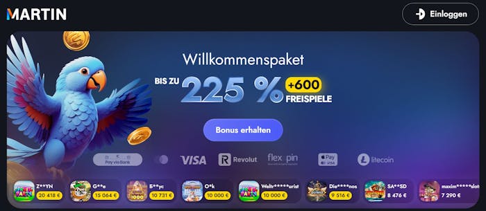 Martin Casino Screenshot mit dem Willkommenangebot bis 225 % und mit 600 Freispielen.