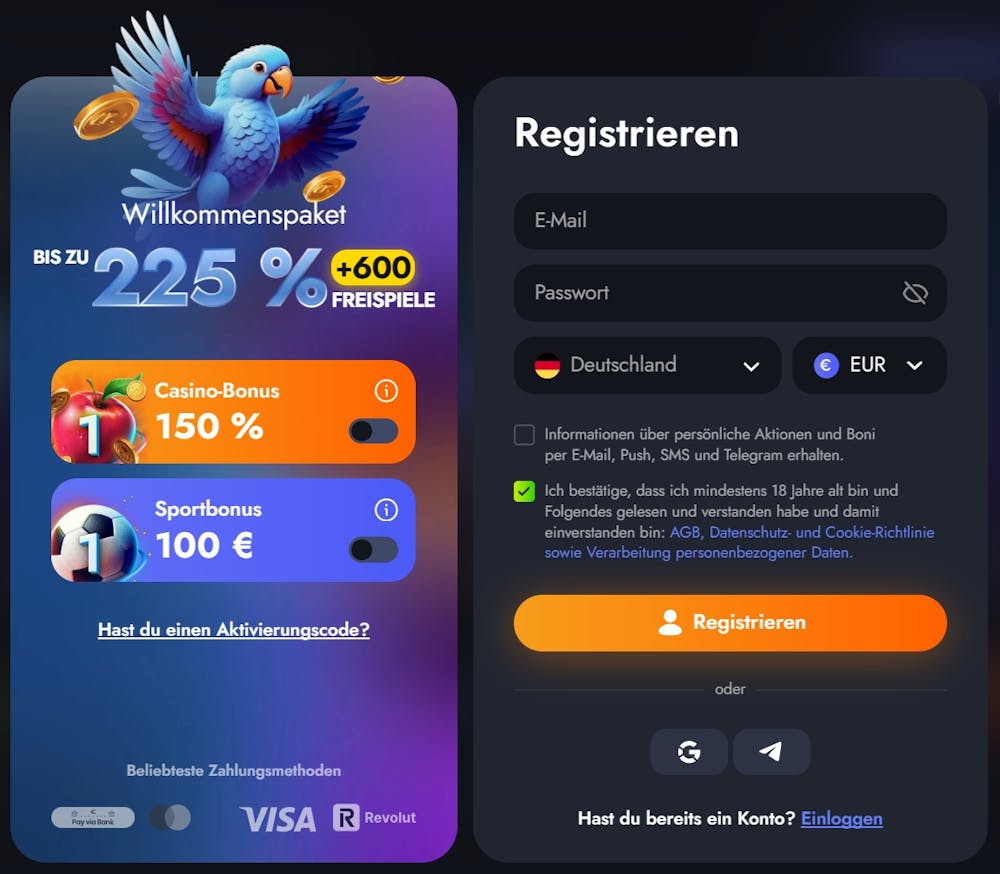 Martin Casino Screenshot mit der Anmeldeseite zum Eingeben der Daten, daneben das WIillkommensangebot.