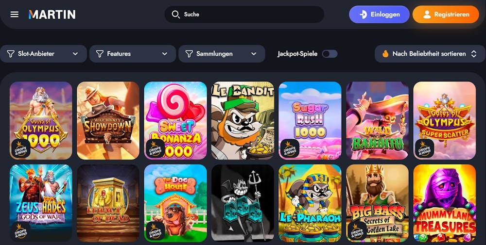 Martin Casino Screenshot mit der Slot Auswahl, darunter Gates of Olympus 1000.