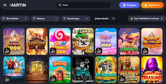 Martin Casino Screenshot mit der Slot Auswahl, darunter Gates of Olympus 1000.