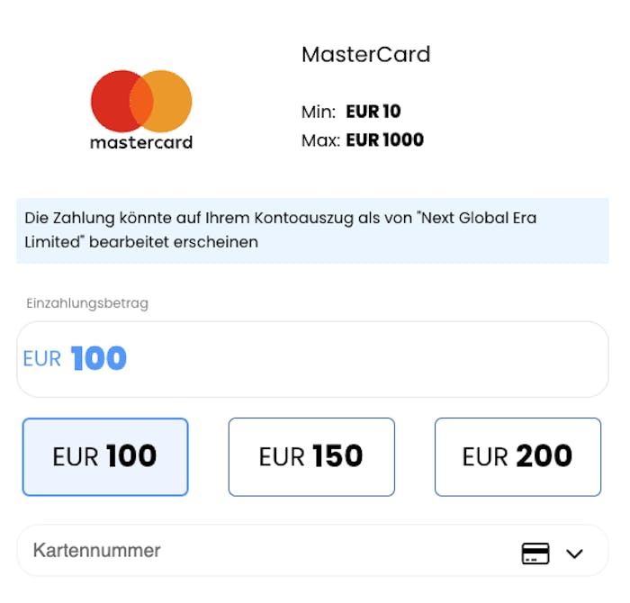 Beispiel für eine Einzahlung im Mastercard Casino