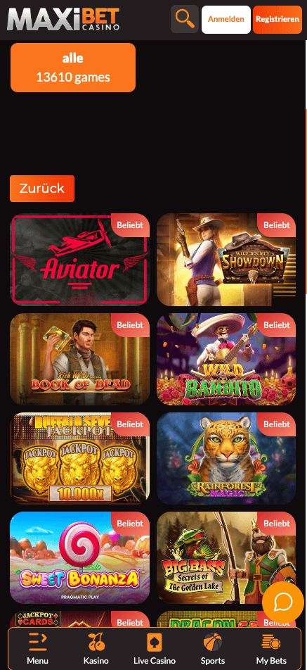 Spiellobby im Maxibet Casino zeigt Spiele wie Book of Dead