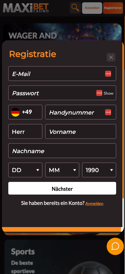 Anmeldeformular im Maxibet Casino