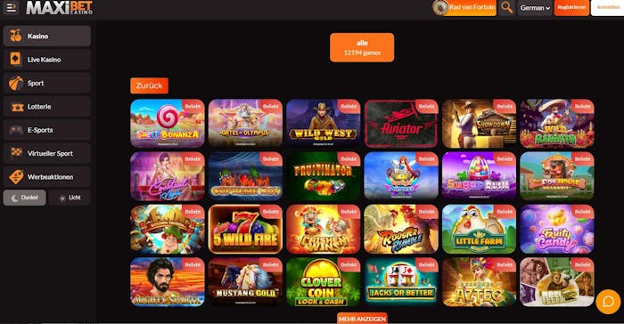 Spiellobby im Maxibet Casino zeigt Spiele wie Sweet Bonanza