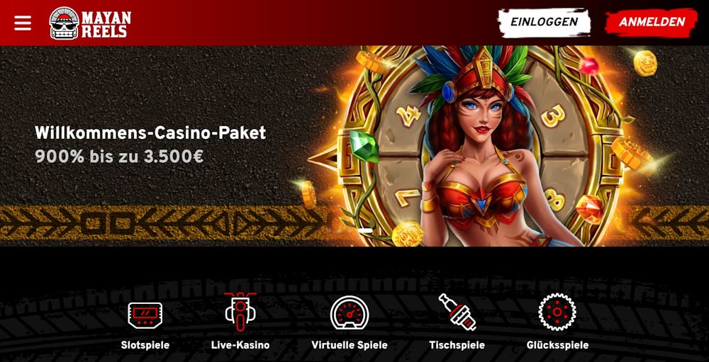 Die Homepage von Mayan Reels Casino, mit einer Beschreibung über den Willkommensbonus von bis zu 3.500 €