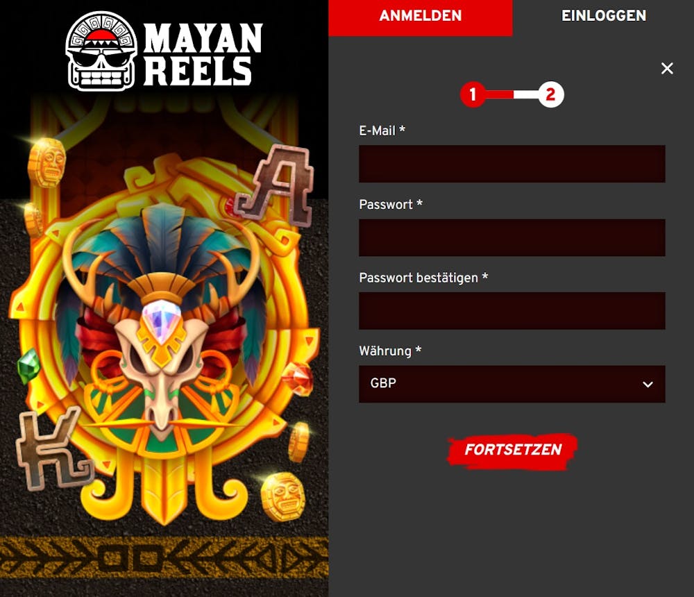 Das Registrierungsformular von Mayan Reels Casino