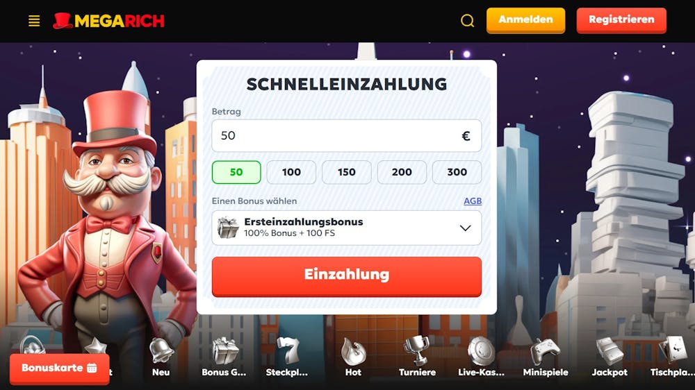 Megarich Casino Screenshot mit der Startseite. Links das Maskottchen in rotem Smoking mit Hut und Schnurrbart, rechts wird der Willkommensbonus angezeigt