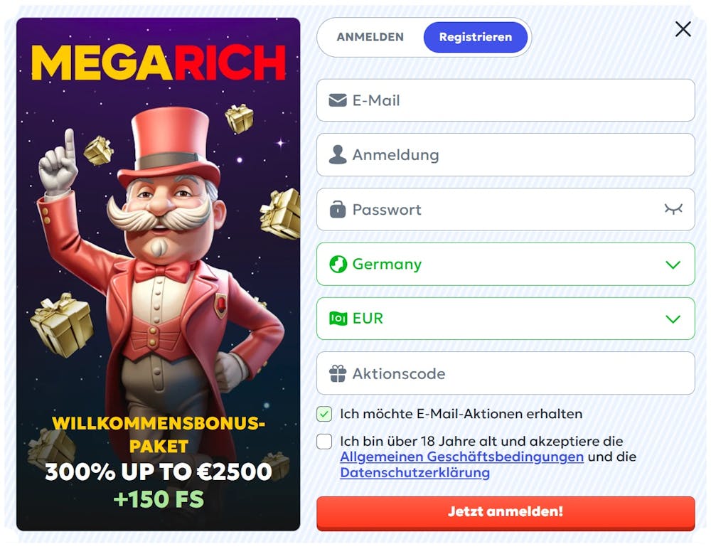 Megarich Casino Screenshot mit der Anmeldemaske, in welche die persönlichen Daten eingegeben werden.