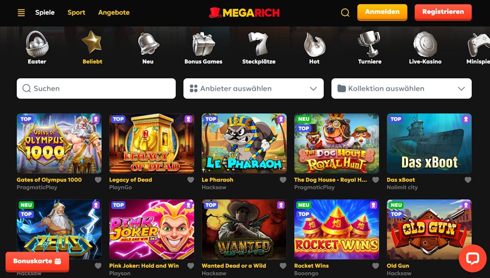 Screenshot Megarich Casino mit der Spieleauswahl. Darunter Spiele wie Gates of Olympus 1000 und Legacy of Dead.