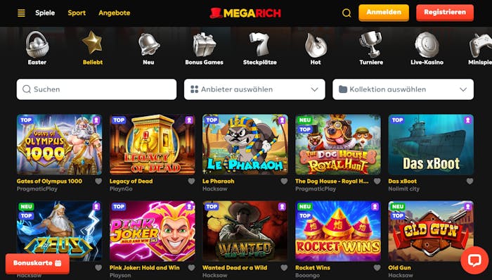 Screenshot Megarich Casino mit der Spieleauswahl. Darunter Spiele wie Gates of Olympus 1000 und Legacy of Dead.
