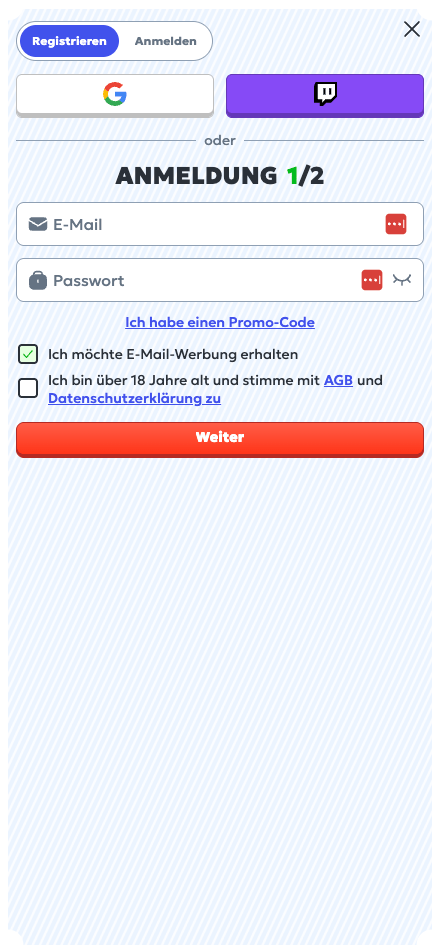 Megarich Casino Screenshot mit der Anmeldemaske, in welche die persönlichen Daten eingegeben werden