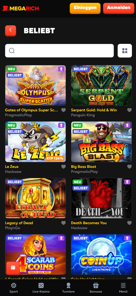 Spiellobby im Megarich Casino zeigt Spiele wie Big Bass Blast neben Suchleiste