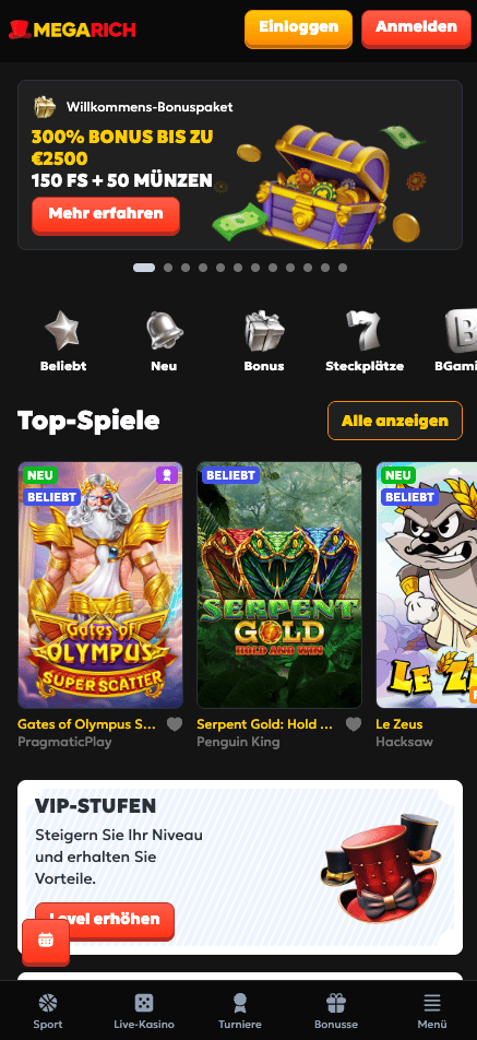Startseite im Megarich Casino zeigt Willkommensbonus und top Spiele