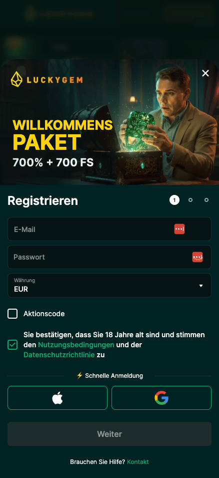 Anmeldung im Lucky Gem Casino