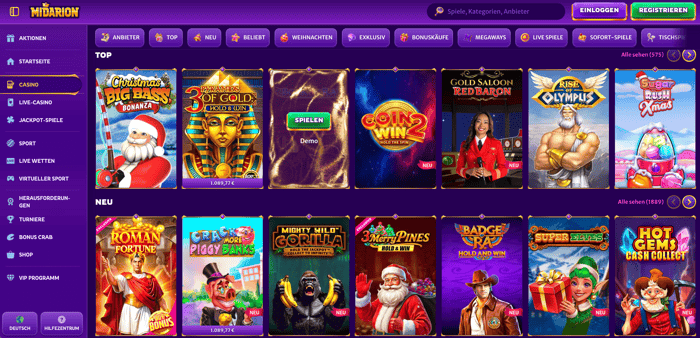 Spiellobby im Midarion Casino zeigt top Spiele wie Sugar Rush Xmas neben anderen Spielkategorien